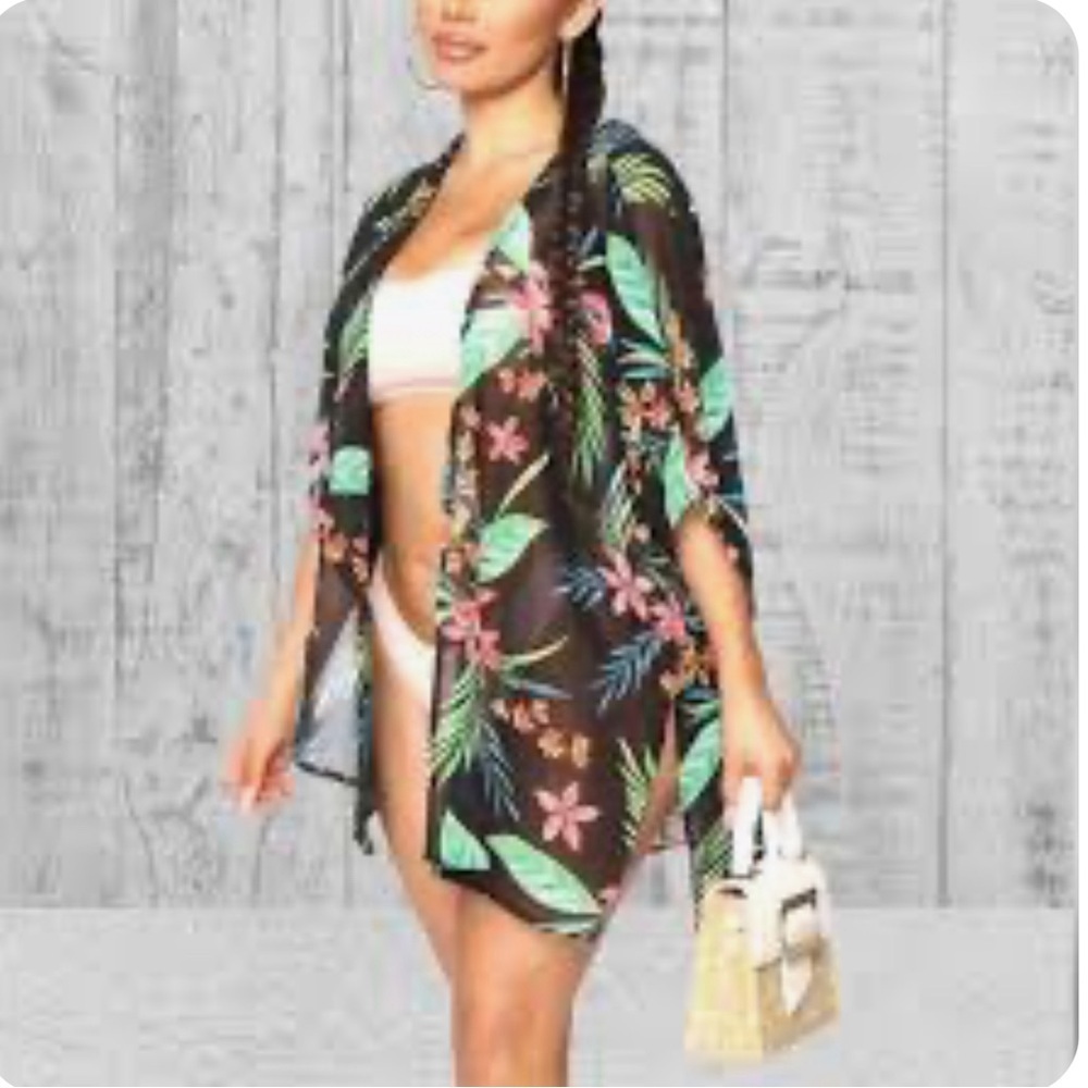 Ambiance Tropical Sheer Beach Cover Up Kimono Size Medium